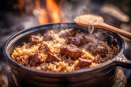 A flavorful mix of rice and tender meat stews gently over an open flame in a weathered cast iron pot, with aromatic steam and a wooden spoon ready for serving.の写真素材