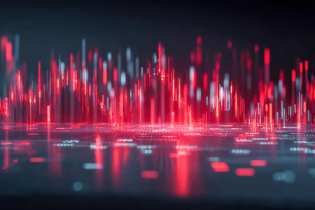 A sleek, high-tech scene featuring illuminated crimson and azure data streams ascending over a...