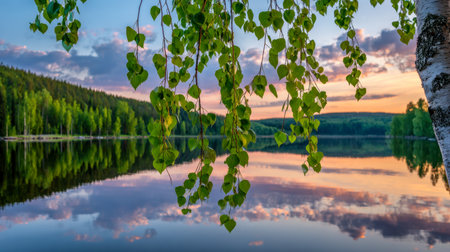 A serene evening scene showcasing gentle ripples on a glassy lake, encircled by lush foliage and thick woods, illuminated by vibrant sunset hues and pastel clouds.の写真素材