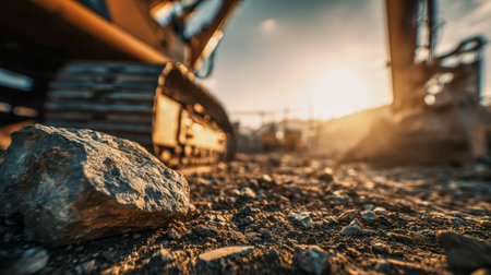 A gritty, low-angle shot captures rugged stone surfaces streaked with vehicle imprints, illuminated by golden sunset light at an active city work zone.の写真素材