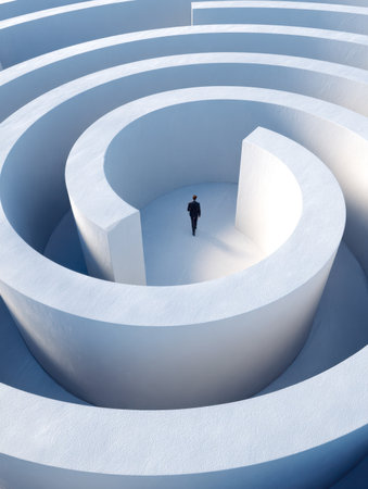 From above, a suited individual charts a path through a massive white ring maze, embodying strategic thinking amid complex corporate decision puzzles.の写真素材