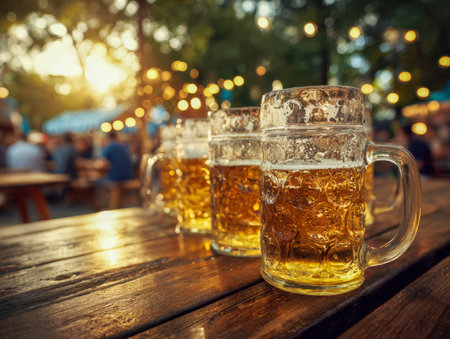 Friends enjoy lively libations as sunset casts a warm glow, their frothy drinks sparkling on a weathered wooden table illuminated by festive string lights.の写真素材