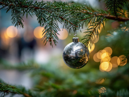 A shimmering silver ornament dangles gently from a pine branch, dew-like droplets in the crisp air, illuminated by cozy, golden outdoor holiday lights in a dreamy blの写真素材