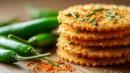 Golden-brown patties layered atop a rustic wooden table, accented by vibrant green chilies, fiery red flakes, and herbs, creating an inviting, flavorful display.の写真素材
