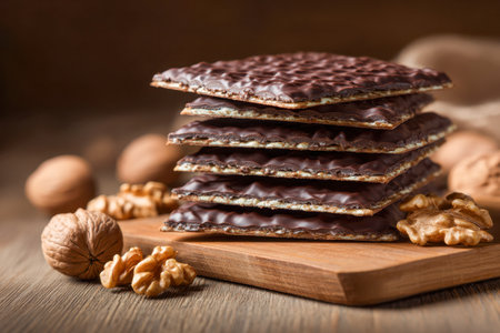 A tempting arrangement of layered chocolate-coated wafer treats topped with both shelled and whole walnuts, set on a rustic wooden surface that highlights the cozy,の写真素材