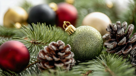 A shimmering emerald bauble rests amid snow-coated pinecones and lush evergreen foliage, accented by warm red, gold, black, and cream holiday decor, evoking festive warmtの写真素材