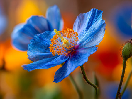 A striking blue blossom with fiery orange stamens emerges vividly amidst a softly blurred palette of warm hues, capturing the essence of lively natural beauty.の写真素材
