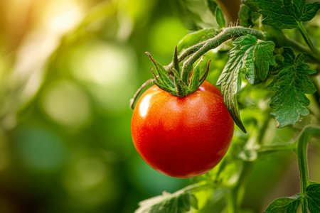 A lush garden scene featuring a plump, sun-kissed tomato draped from a thriving green vine, bathed in warm daylight that enhances its vivid crimson hue.の写真素材