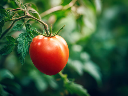 A vividly colored tomato dangles amidst lush green foliage, illuminated by gentle sunlight, evoking a sense of freshness and the vitality of a thriving garden.の写真素材