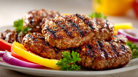 Savor mouthwatering beef burgers topped with vibrant vegetables and herbs, arranged beautifully on...