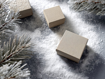 Elegant holiday presents nestled among icy pine sprigs and shimmering artificial snow evoke a tranquil winter scene on a deep, moody surface perfect for festive occasion dの写真素材