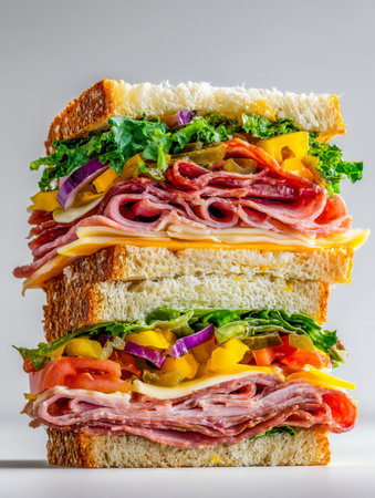 A hearty, visually appealing sandwich featuring layers of crisp greens, vibrant peppers, ripe tomatoes, onions, a variety of cold cuts, and gooey melted cheese nestled wiの写真素材