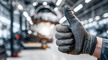 A skilled technician wearing a sleek black glove signals approval with a confident thumbs up, set against a well-lit garage with a car elevated on a hydraulic lift.の写真素材