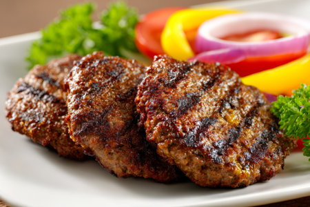 Juicy beef patties rested on a pristine white dish, accented by crisp onion slices, vibrant bell peppers, and a sprinkle of fresh parsley for a mouthwatering displayの写真素材