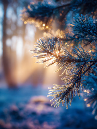 Icy pine needles glisten in warm sunlight, contrasting crisp frost with a dreamy forest haze, evoking tranquility and enchanting winter wonder.の写真素材