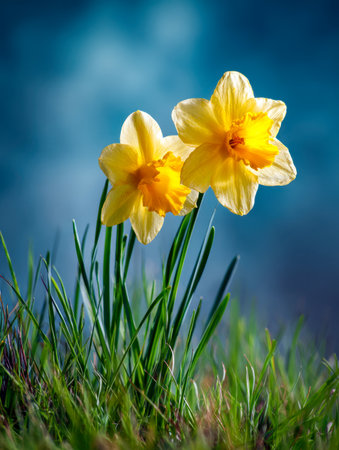 Bright yellow daffodils emerge gracefully from verdant grass, basking in gentle sunlight against a clear blue sky, evoking serenity and the promise of spring.の写真素材