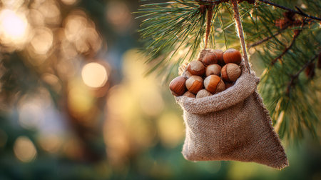 A rustic burlap pouch brimming with ripe hazelnuts swings gently from a pine branch, bathed in a warm, hazy glow amidst a peaceful outdoor landscape.の写真素材