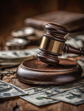 A polished wooden gavel resting on its sound block amid a spread of bills and coins, capturing themes of legal authority, economic judgment, and courtroom decision-mの写真素材