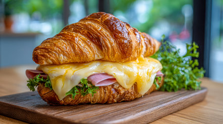 A warm, flaky croissant filled with gooey cheese, savory ham, and crisp greens, artfully arranged on a rustic wooden tray accented by fresh herbs in a charming cafeの写真素材