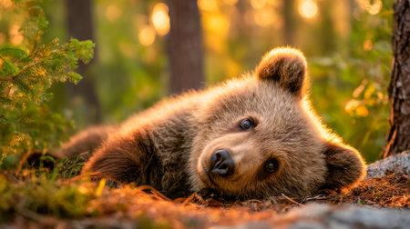 A tranquil juvenile bear doses amid lush greenery, bathed in gentle sunlight that highlights the rich hues of the vibrant forest during the golden hour.の写真素材