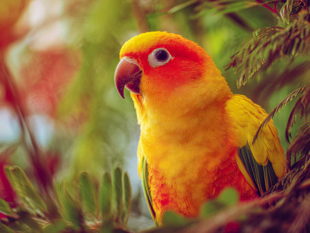 A lively sun conure teeters on a branch among dense greenery, its radiant plumage flickering with...