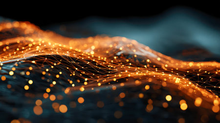 A vibrant, swirling matrix of luminous golden links weaves through a shadowy space, capturing the essence of advanced connectivity and seamless data movement.の写真素材