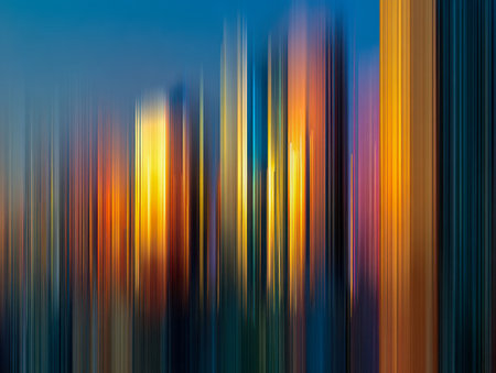 Bright, colorful lines ascend vertically, forming an energetic and artistic portrayal of city life at night, with warm reds and oranges blending into cool blues andの写真素材