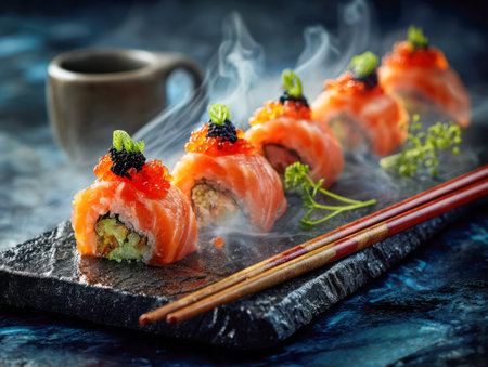 An artfully arranged platter of sushi featuring colorful fish roe and delicate garnishes, paired with natural wooden chopsticks and a warm cup of green tea, evokingの写真素材