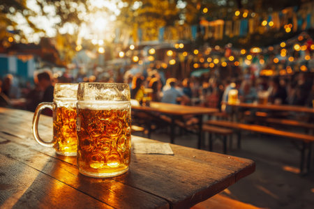 Morning sunlight casts a golden glow over two chilled glass mugs of frothy brew, set on weathered wood amid cheerful guests enjoying an outdoor celebration.の写真素材