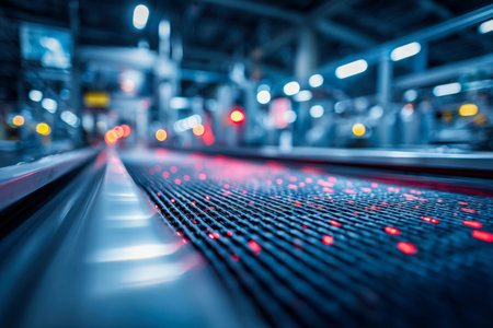A sleek, glowing conveyor system streaks through a high-tech factory lit by crimson LEDs, creating an ultra-modern, nighttime industrial ambiance.の写真素材