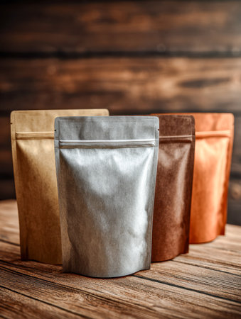 A diverse collection of flexible, eco-friendly pouches featuring metallic finishes and kraft paper textures, neatly arranged on a rustic wooden surface illuminated by cozの写真素材