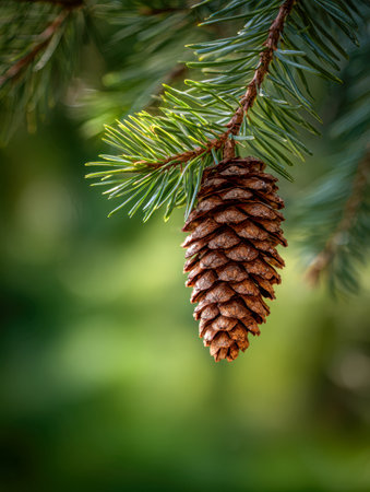 A solitary pine cone dangles gently from a lush, vivid green fir branch, set against a dreamy, out-of-focus backdrop of nature's soft glow and dappled sunlight.の写真素材