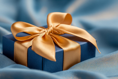 A luxurious navy blue box accented with a shimmering gold satin bow, set on plush blue fabric, perfect for celebrating refined moments and cherished events.の写真素材
