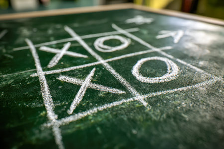 A playful scene featuring a hand-drawn game of tic-tac-toe etched with white chalk on a lush green chalkboard, capturing a friendly clash between two casual opponentsの写真素材