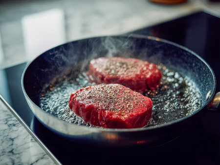 Juicy, aged beef cuts sear in a sleek black skillet, wisps of steam curling above as they develop rich flavors in a contemporary kitchen atmosphere.の写真素材