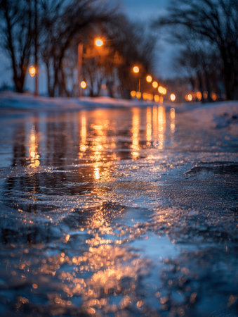 Soft glow from streetlamps reflects on the glistening, frozen surface of a quiet park walkway, framed by leafless trees under the mellow twilight sky.の写真素材
