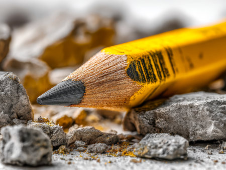 A close-up of a vibrant yellow pencil point resting among rough gray stones and fine dust, highlighting intricate textures, contrasting colors, and organic details.の写真素材