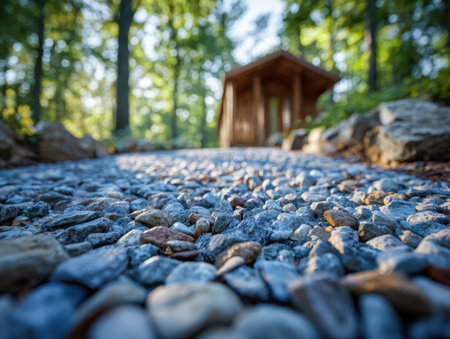 A perspective from below highlights a winding gravel trail winding through vibrant foliage, guiding the eye toward a charming wooden retreat bathed in golden sunlightの写真素材