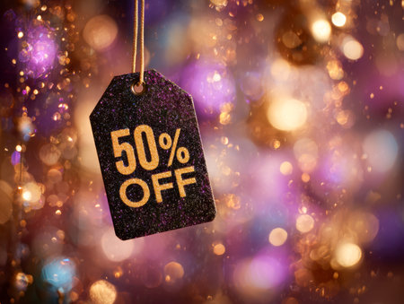 A dazzling purple and gold glitter tag showcases a half-price deal amid lively festive bokeh lights,...