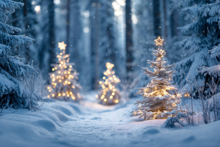 Cozy miniature pine trees adorned with twinkling lights line a snow-covered trail, evoking festive warmth amid a blurred, enchanting winter landscape.の写真素材