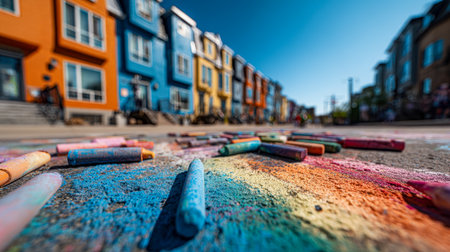 Bright chalk sticks are sprinkled across a lively, patterned sidewalk, with vivid townhouses fading into the background beneath a crisp, sunny sky.の写真素材
