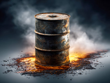 A worn, corroded drum drips a shimmering, volatile substance amid billowing smoke and fierce flames, set against a shadowy backdrop with tendrils of mist curling upward.の写真素材