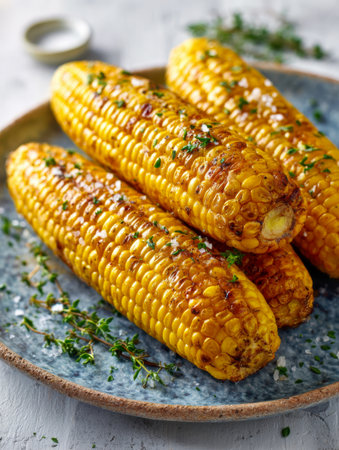 Juicy, charred corn adorned with crunchy sea salt and fragrant herbs, presented on a vintage ceramic plate against a softly blurred backdrop of spice jars.の写真素材