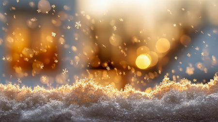 Soft, shimmering snowflakes drift onto untouched white terrain as twinkling amber bokeh lights evoke a warm, festive glow at twilight's serene end.の写真素材