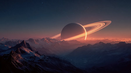 A mesmerizing alien terrain unfolds as a colossal ringed world ascends beyond fog-shrouded mountains beneath a twilight sky, painted with shimmering stars and vividの写真素材