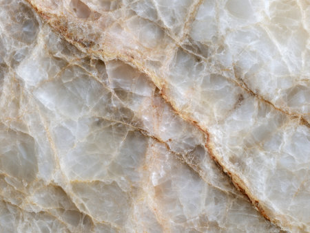 A close-up reveals the complex, sparkling facets of white and beige quartz, accented by earthy veins amid a rugged mineral backdrop, perfect for interior design.の写真素材