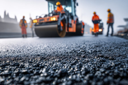 Early morning light illuminates construction crews guiding machinery to smooth new pavement,...