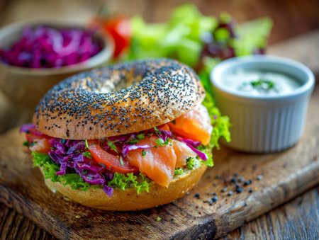 A vibrant open-faced creation features tender smoked salmon atop a crusty bagel, complemented by crisp greens, colorful cabbage shreds, juicy tomato slices, and a riの写真素材