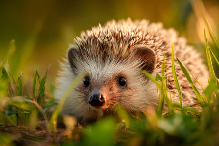 A charming hedgehog with pointed spines sleeps leisurely amid vibrant grass, bathed in gentle golden sunlight of early evening in its natural surroundings.の写真素材