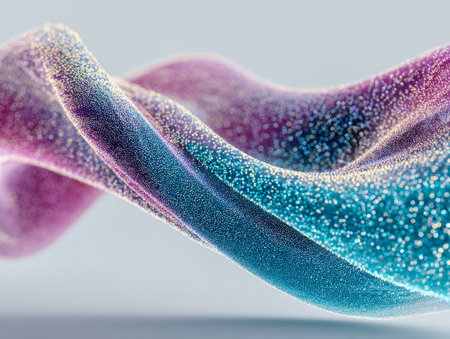 A lively swirl of pastel hues and shimmering flecks, forming an energetic wave pattern that evokes movement and elegance on a clean, understated backdrop.の写真素材